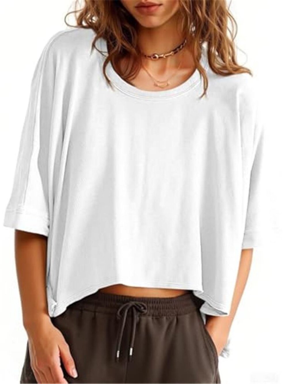 Womens Oversized Cropped T Shirt Short Sleeve Loose Fit Casual Cotton Tee Top